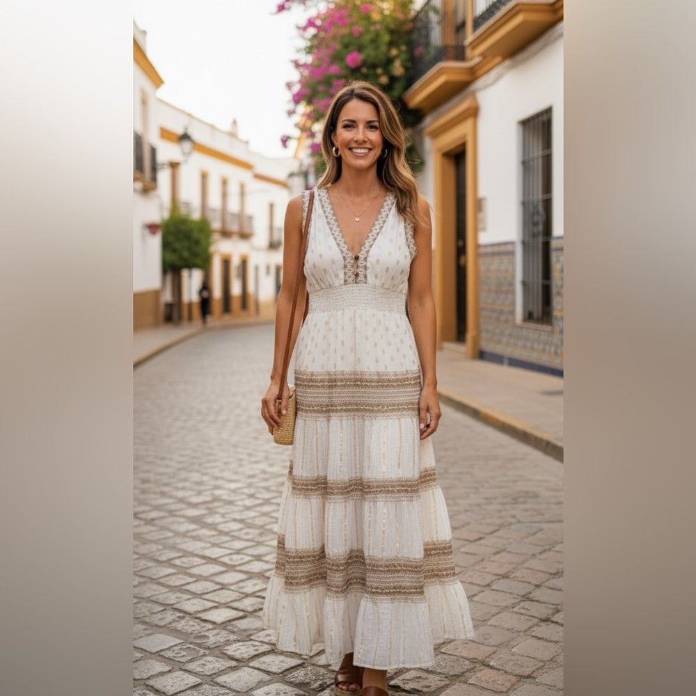 Boho White and Tan Sleeveless Dress